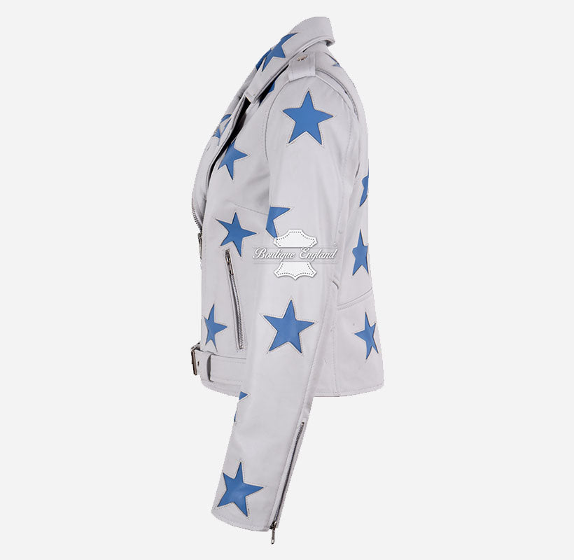 BRANDO Women's Black Biker Leather Jacket with White Stars