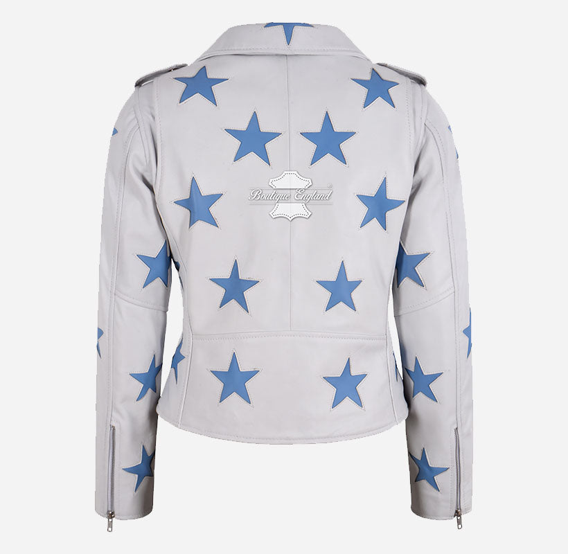 BRANDO Women's Black Biker Leather Jacket with White Stars