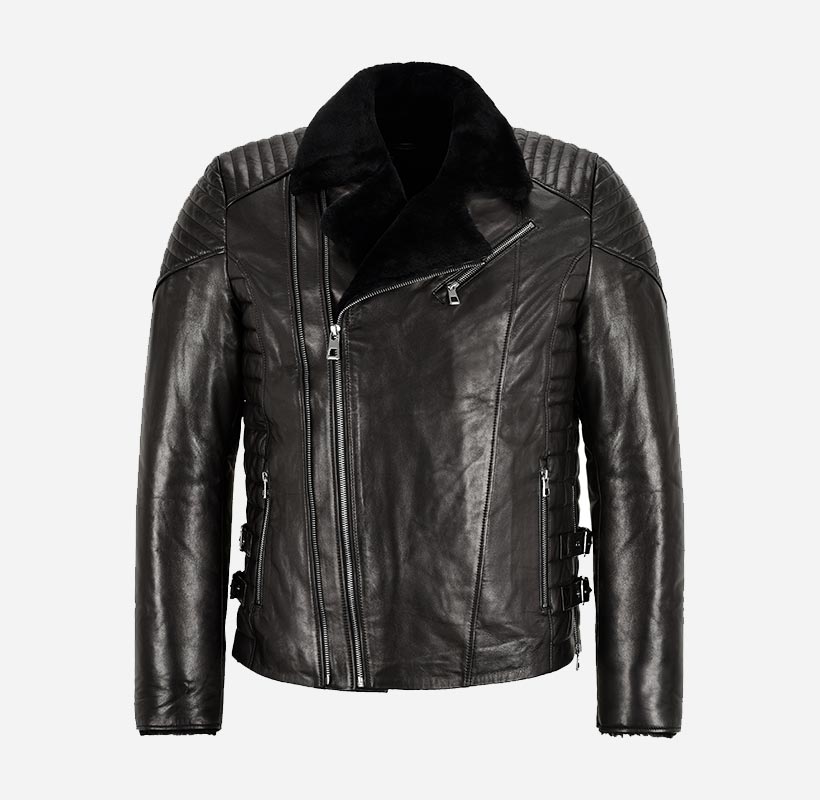 ZACHARY Men's Side Zip Sheepskin Flying Jacket Black