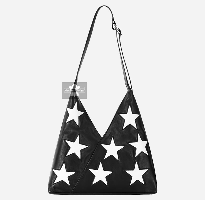 Women’s Leather Hobo Slouch Shoulder Bag with Stars