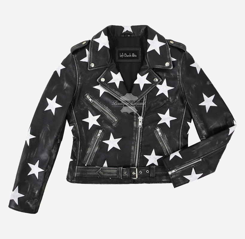 BRANDO Women's Black Biker Leather Jacket with White Stars
