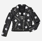 BRANDO Women's Black Biker Leather Jacket with White Stars