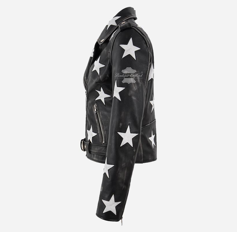 BRANDO Women's Black Biker Leather Jacket with White Stars