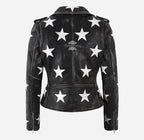 BRANDO Women's Black Biker Leather Jacket with White Stars
