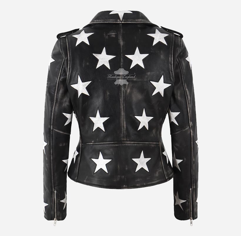 BRANDO Women's Black Biker Leather Jacket with White Stars