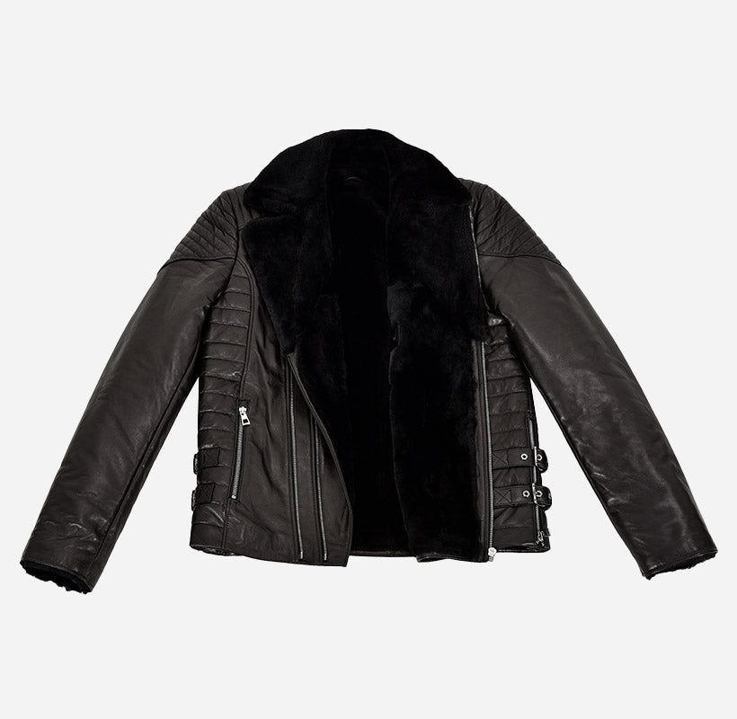 ZACHARY Men's Side Zip Sheepskin Flying Jacket Black