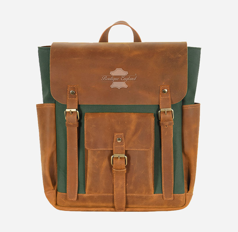 Waxed Canvas Leather Backpack Laptop Bag With Leather Detailing