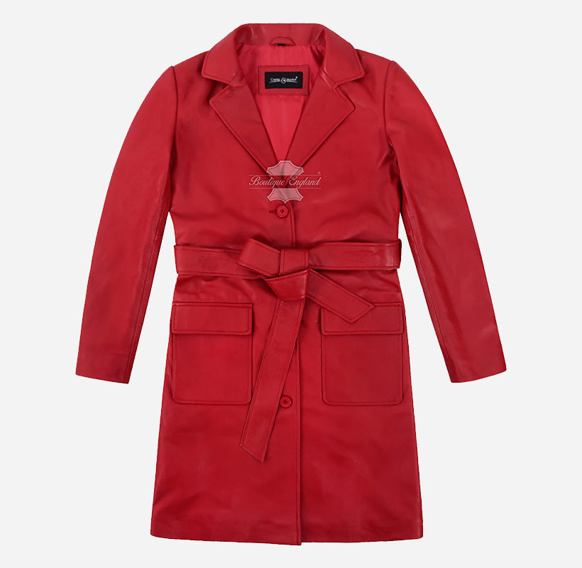 EDITH Women’s Leather Trench Coat Long Belted