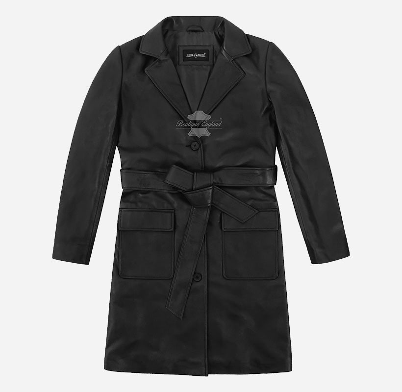 EDITH Women’s Leather Trench Coat Long Belted