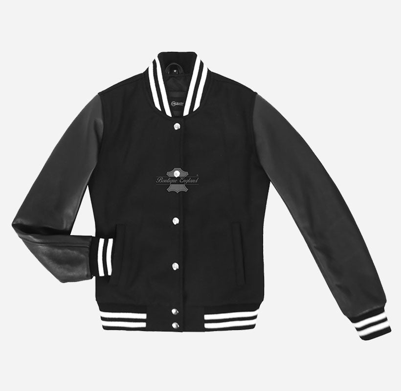 SHERIE Women Varsity Jacket Leather Sleeves Bomber Jacket