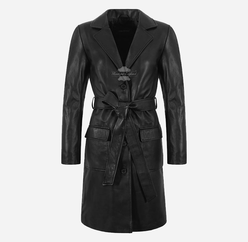 EDITH Women’s Leather Trench Coat Long Belted