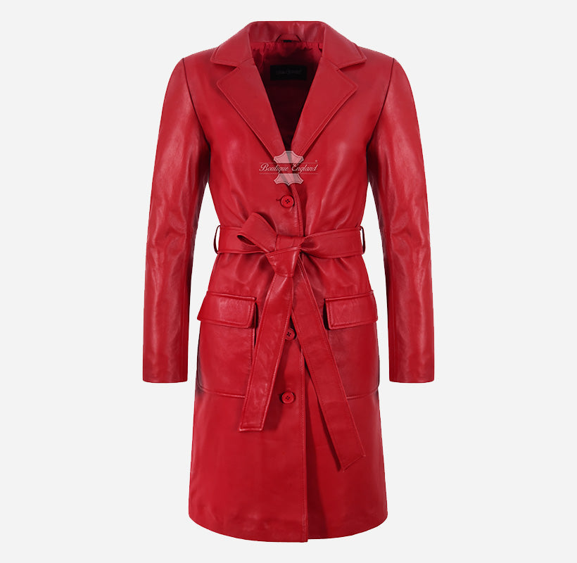 EDITH Women’s Leather Trench Coat Long Belted
