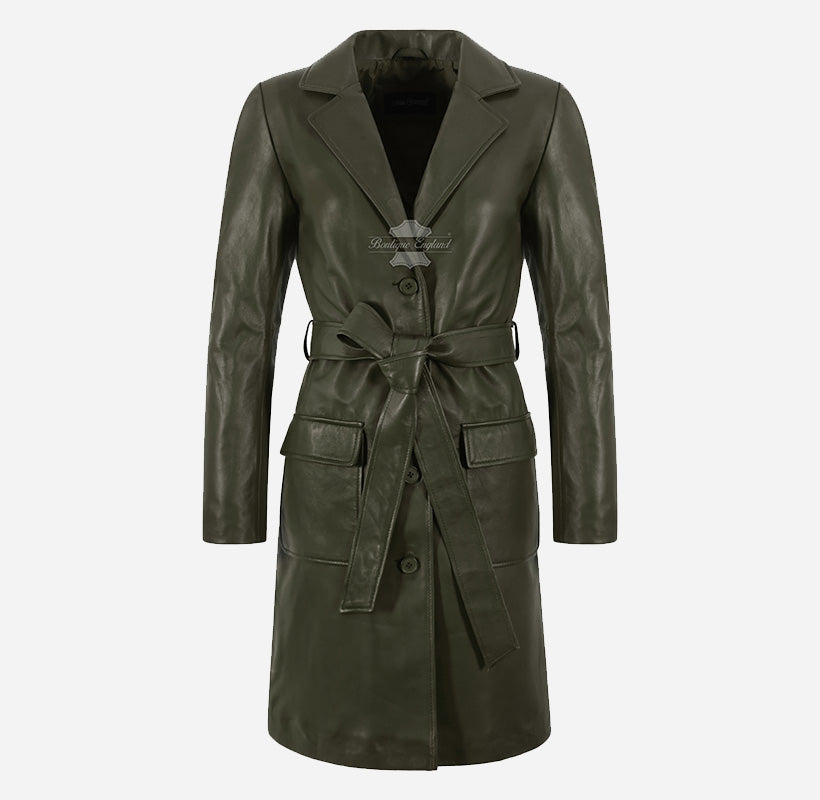 EDITH Women’s Leather Trench Coat Long Belted