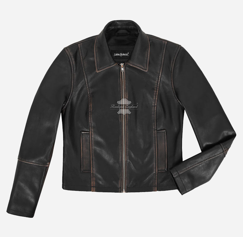 CASIDY Women Vintage Collared Leather Jacket Boxy Fit