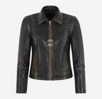 CASIDY Women Vintage Collared Leather Jacket Boxy Fit