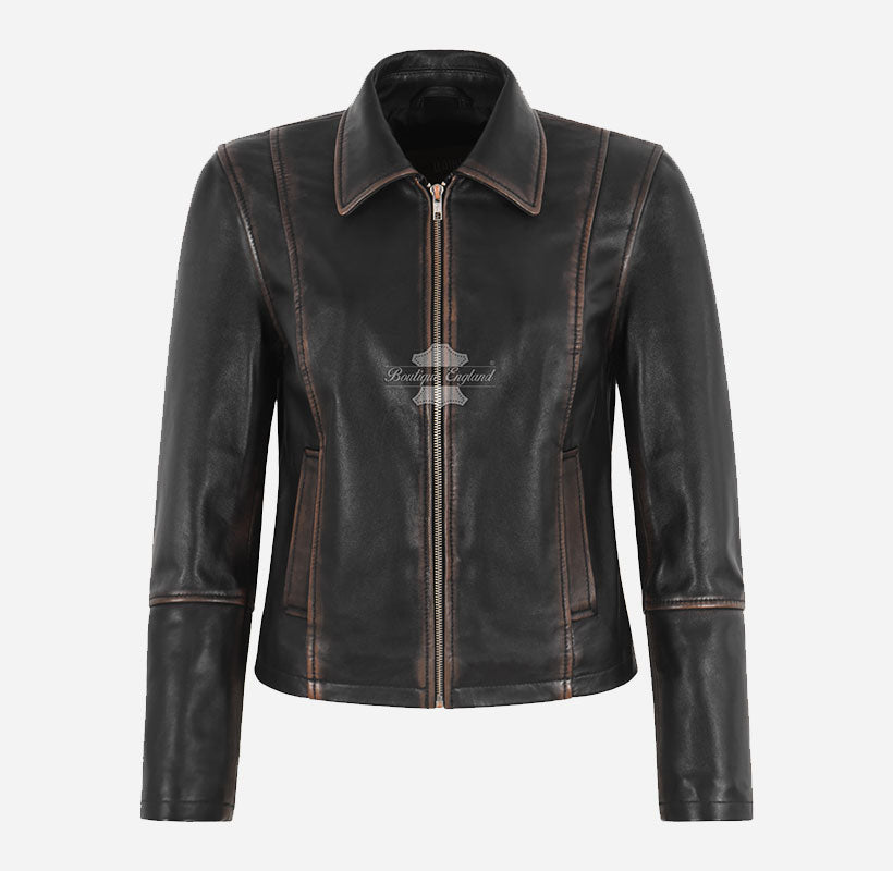 CASIDY Women Vintage Collared Leather Jacket Boxy Fit