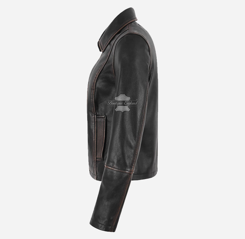 CASIDY Women Vintage Collared Leather Jacket Boxy Fit