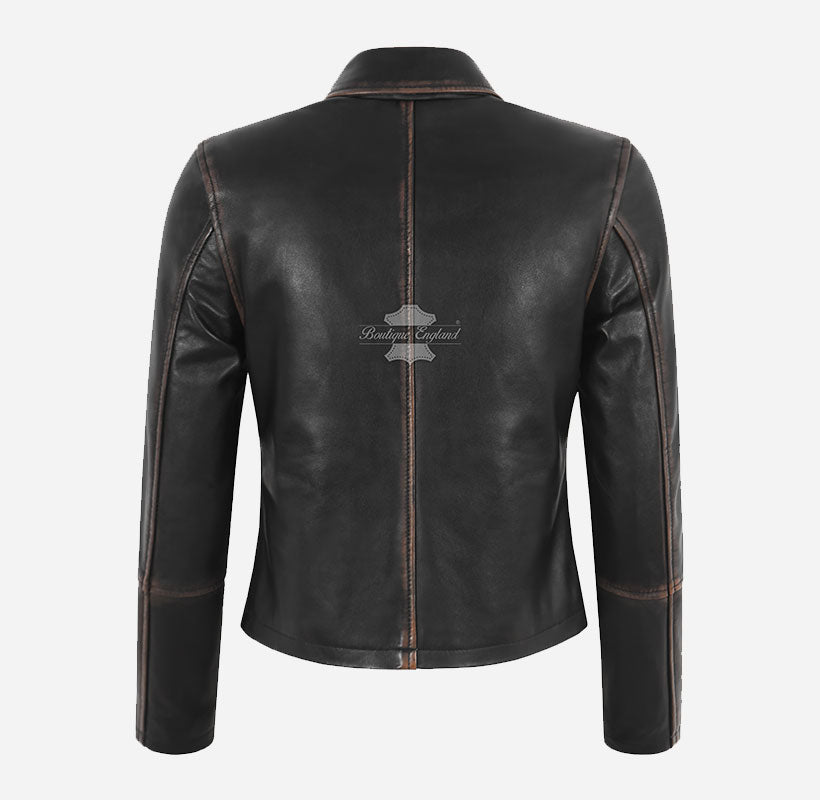 CASIDY Women Vintage Collared Leather Jacket Boxy Fit