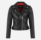 EMILY Women Black Biker Leather Jacket Red Lining