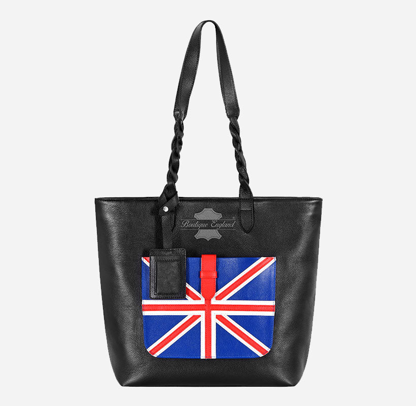 Women Union Flag Leather Bucket Bag Large Handbag