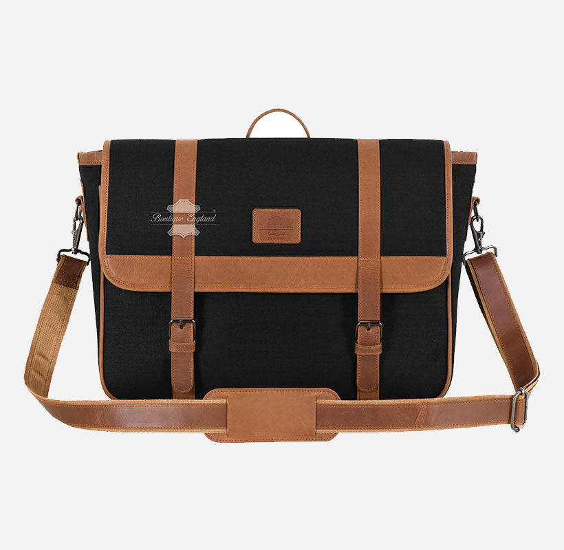 Black Canvas Messenger Bag with Leather Detailing Laptop-Friendly Work Satchel