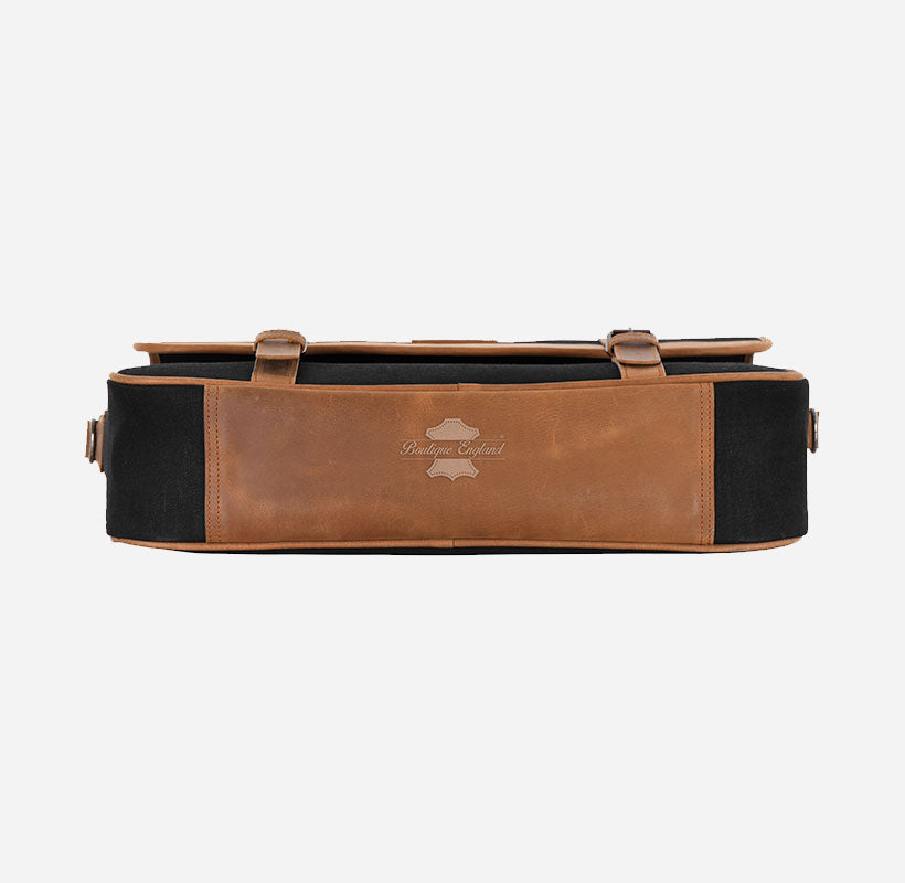 Black Canvas Messenger Bag with Leather Detailing Laptop-Friendly Work Satchel