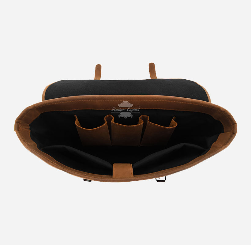 Black Canvas Messenger Bag with Leather Detailing Laptop-Friendly Work Satchel