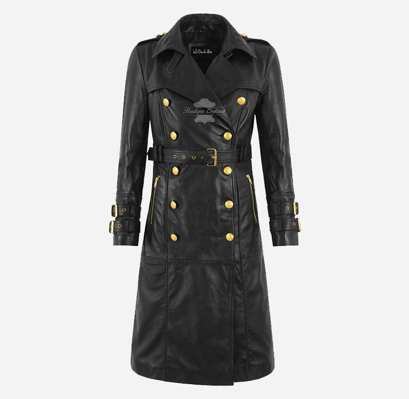 ROYAL AFFINITY Women's Double Breasted Long Leather Coat Black