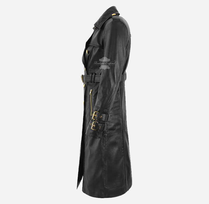 ROYAL AFFINITY Women's Double Breasted Long Leather Coat Black