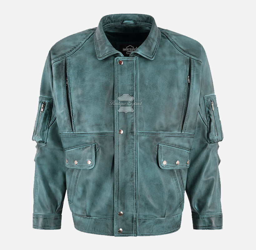 DENZEL Men’s Oversized Leather Bomber Jacket Waxed