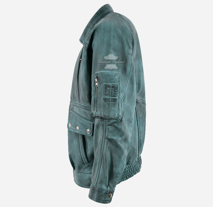 DENZEL Men’s Oversized Leather Bomber Jacket Waxed