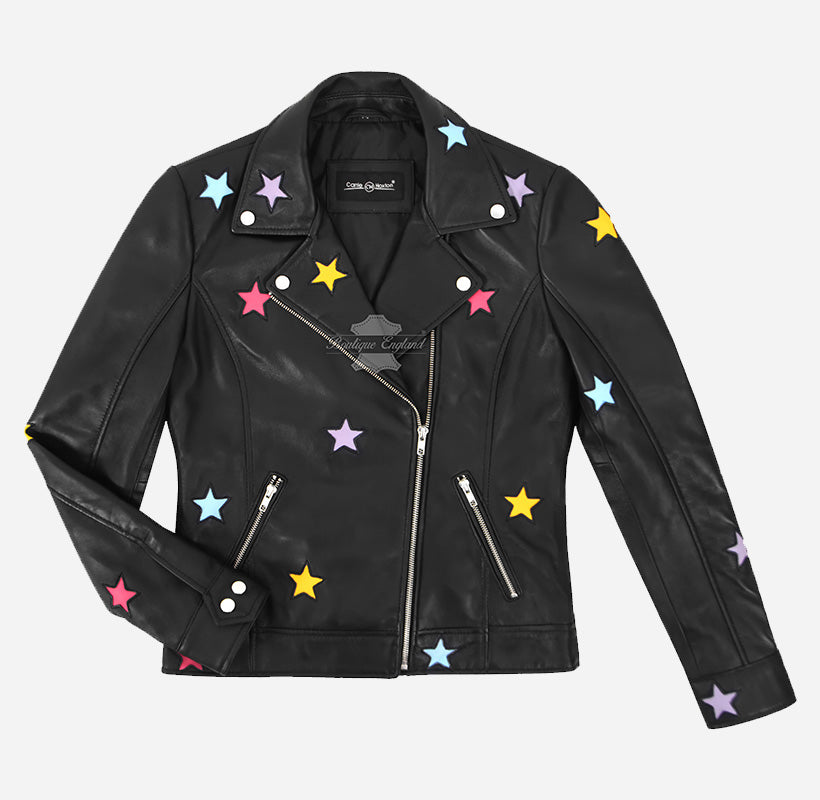 ALEEN Women's Multicolor Star Appliqués Leather Jacket