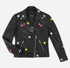 ALEEN Women's Multicolor Star Appliqués Leather Jacket
