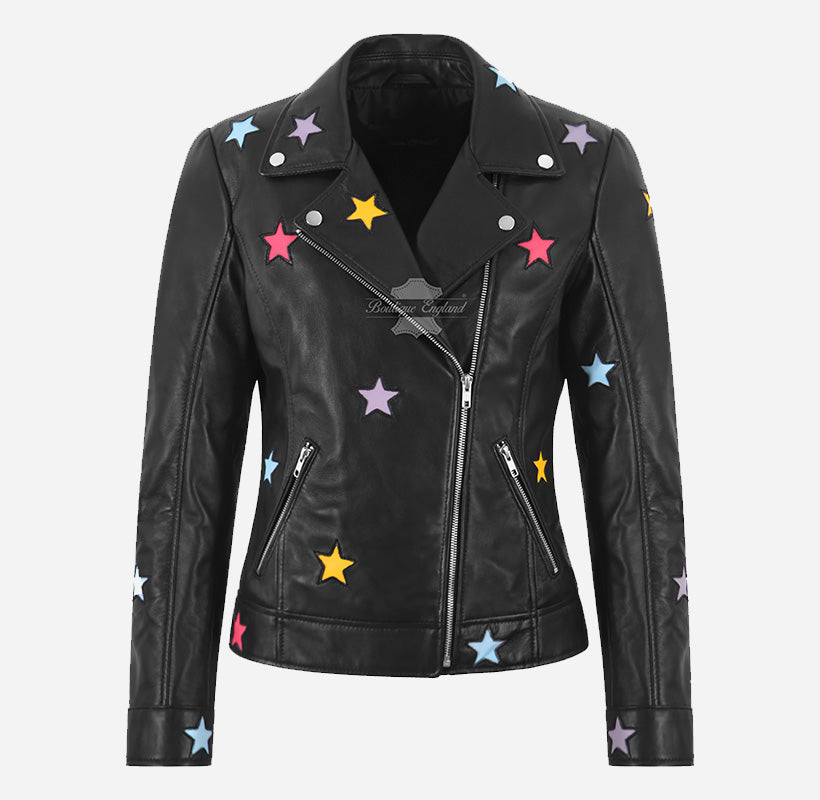 ALEEN Women's Multicolor Star Appliqués Leather Jacket
