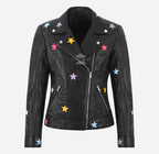 ALEEN Women's Multicolor Star Appliqués Leather Jacket