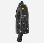 ALEEN Women's Multicolor Star Appliqués Leather Jacket