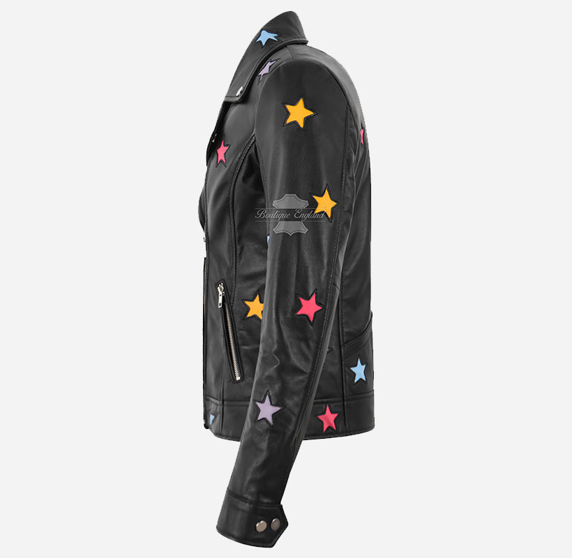ALEEN Women's Multicolor Star Appliqués Leather Jacket