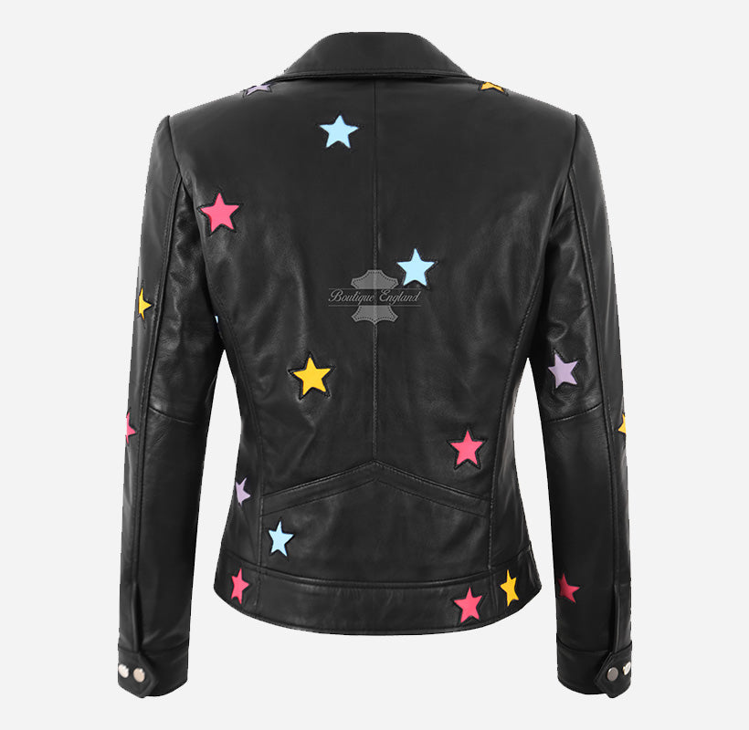 ALEEN Women's Multicolor Star Appliqués Leather Jacket