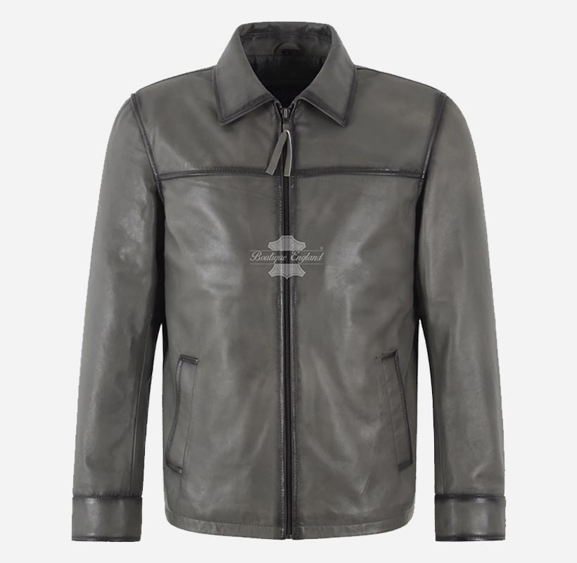 BRIAR Men's Collared Leather Jacket In Charcoal Grey with Wax