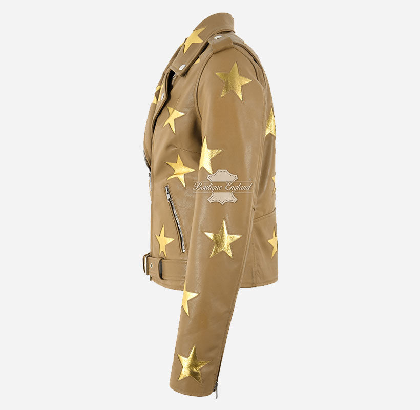 Women's Classic Brando Leather Biker Jacket with Stars