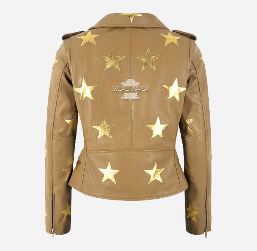 Women's Classic Brando Leather Biker Jacket with Stars