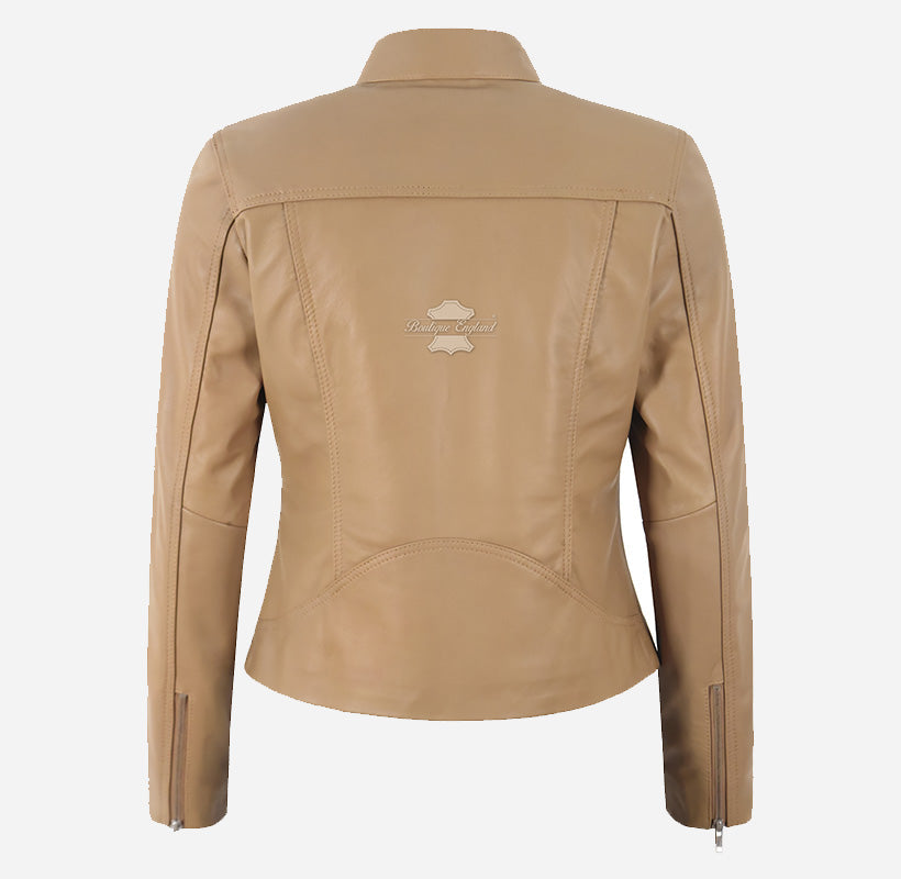 GINI Women’s Fitted Leather Moto Jacket Beige