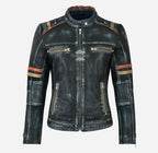 VINTAGE VIXEN Ladies Distressed Café Racer Leather Biker Jacket