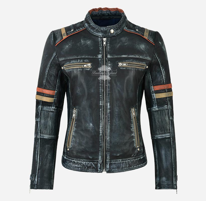 VINTAGE VIXEN Ladies Distressed Café Racer Leather Biker Jacket