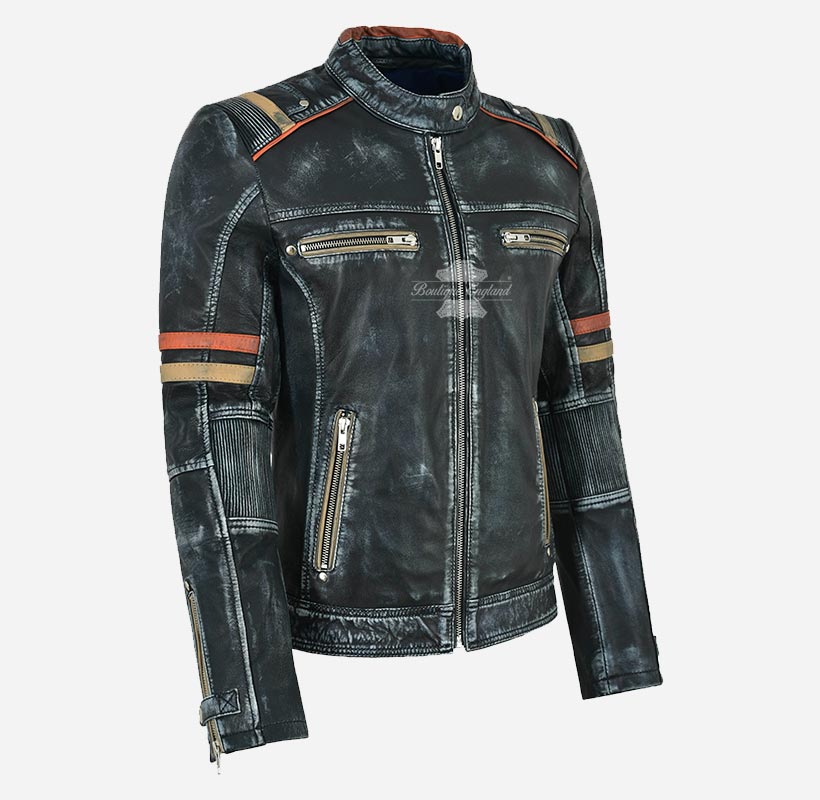 VINTAGE VIXEN Ladies Distressed Café Racer Leather Biker Jacket