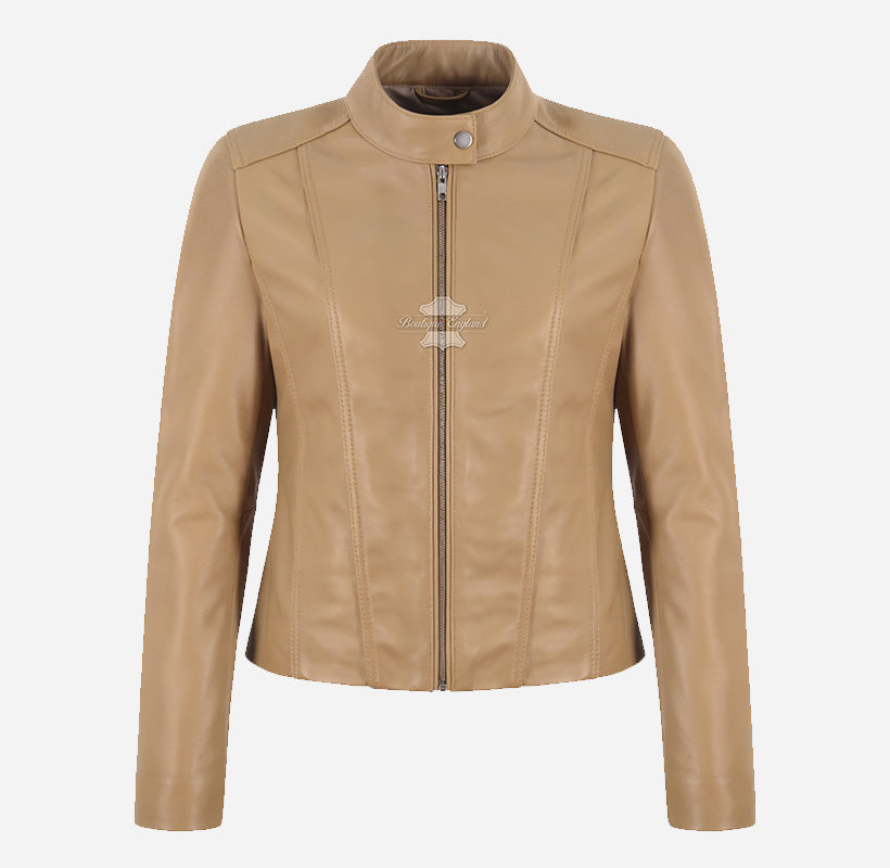 GINI Women’s Fitted Leather Moto Jacket Beige