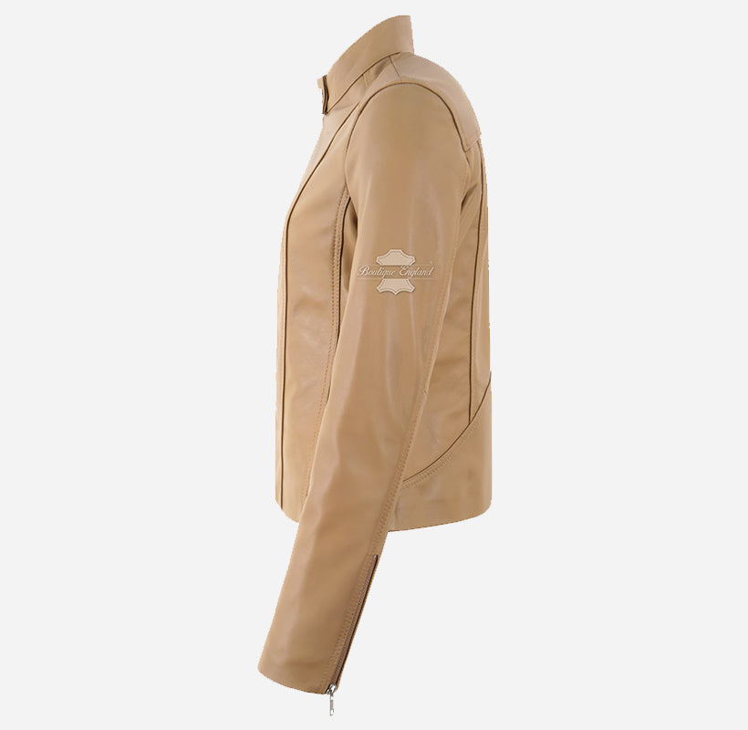 GINI Women’s Fitted Leather Moto Jacket Beige