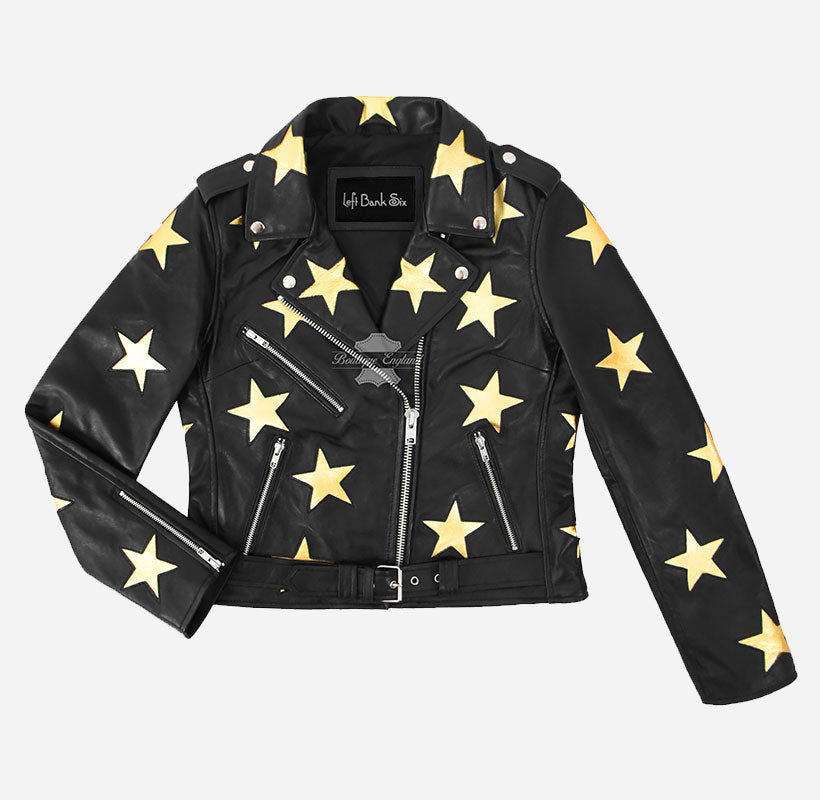 BRANDO STAR Women's Biker Leather Jacket with Stars