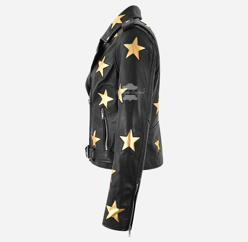 BRANDO STAR Women's Biker Leather Jacket with Stars