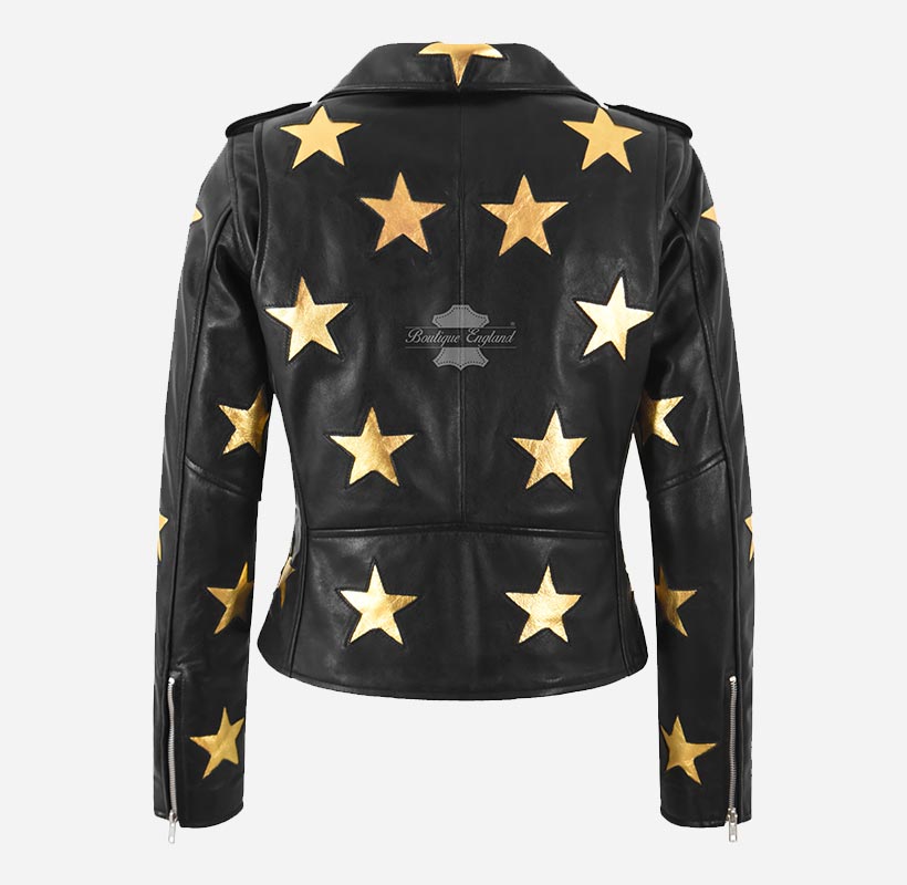 BRANDO STAR Women's Biker Leather Jacket with Stars